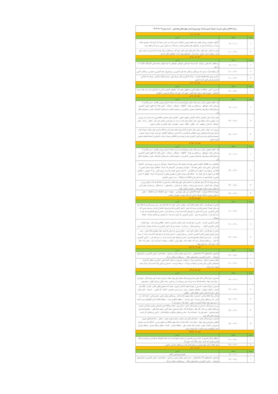 برنامه قطعی برق چهارمحال و بختیاری شنبه ۶ بهمن + جدول