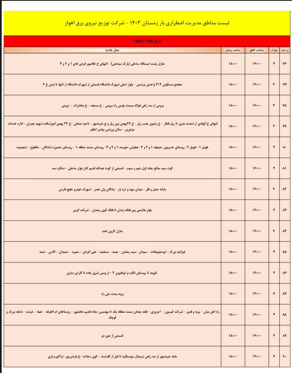 برنامه قطعی برق اهواز، شنبه ششم بهمن + جدول مناطق