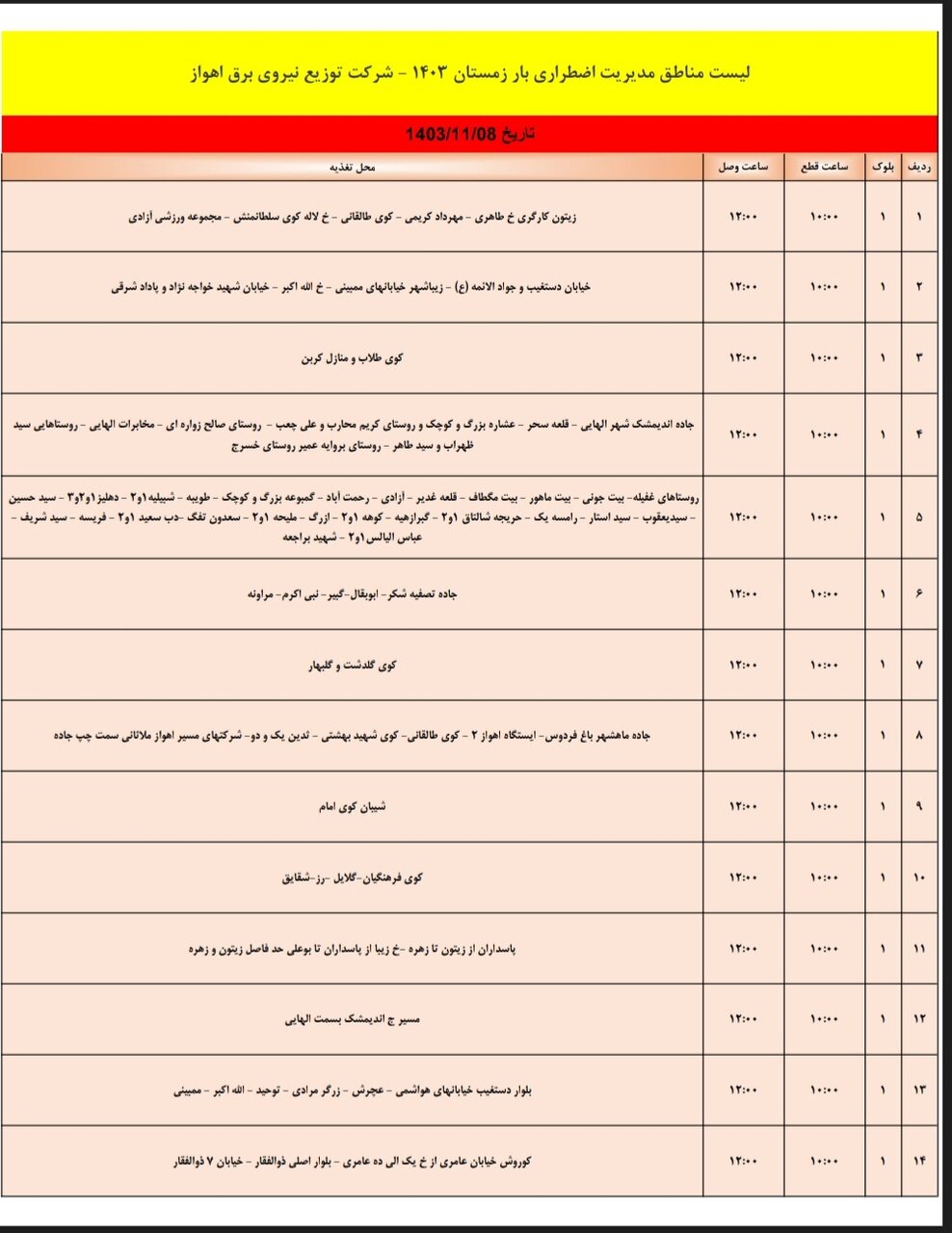 برنامه قطعی برق اهواز دوشنبه هشتم بهمن + جدول مناطق