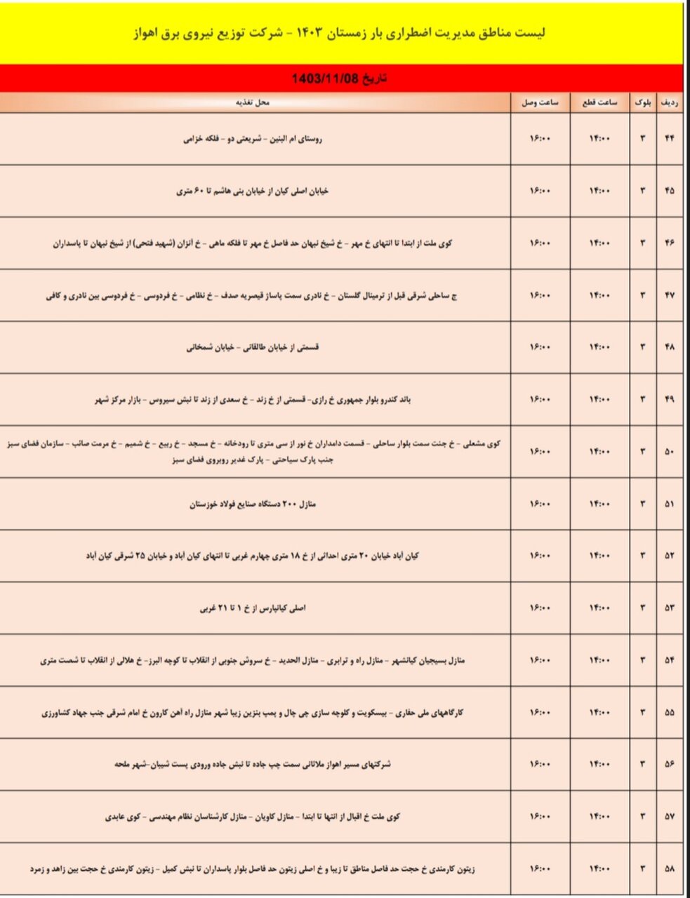 برنامه قطعی برق اهواز دوشنبه هشتم بهمن + جدول مناطق