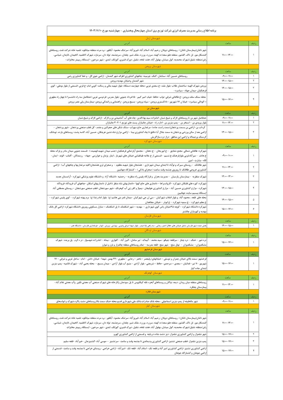 برنامه قطعی برق چهارمحال و بختیاری چهارشنبه ۱۰ بهمن + جدول