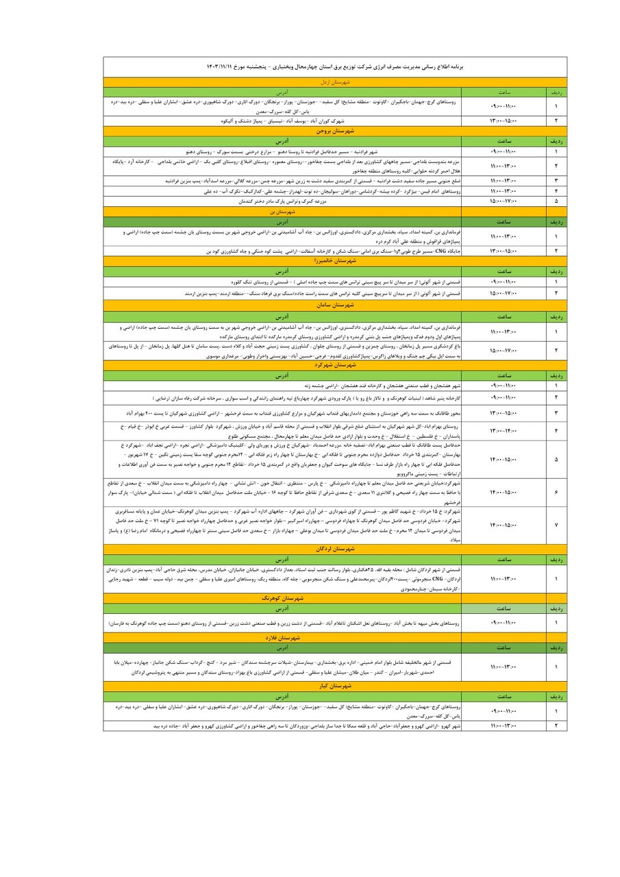 برنامه قطعی برق چهارمحال‌ و بختیاری‌ پنجشنبه ۱۱ بهمن + جدول