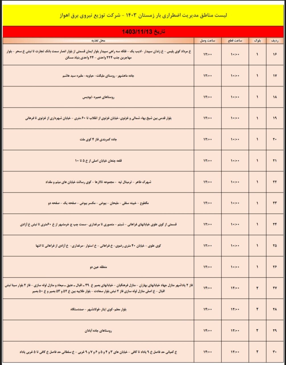 برنامه قطعی برق اهواز شنبه سیزدهم بهمن + جدول مناطق