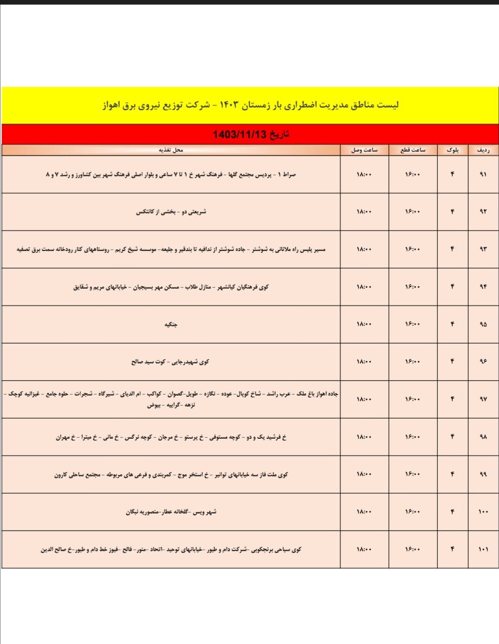 برنامه قطعی برق اهواز شنبه سیزدهم بهمن + جدول مناطق