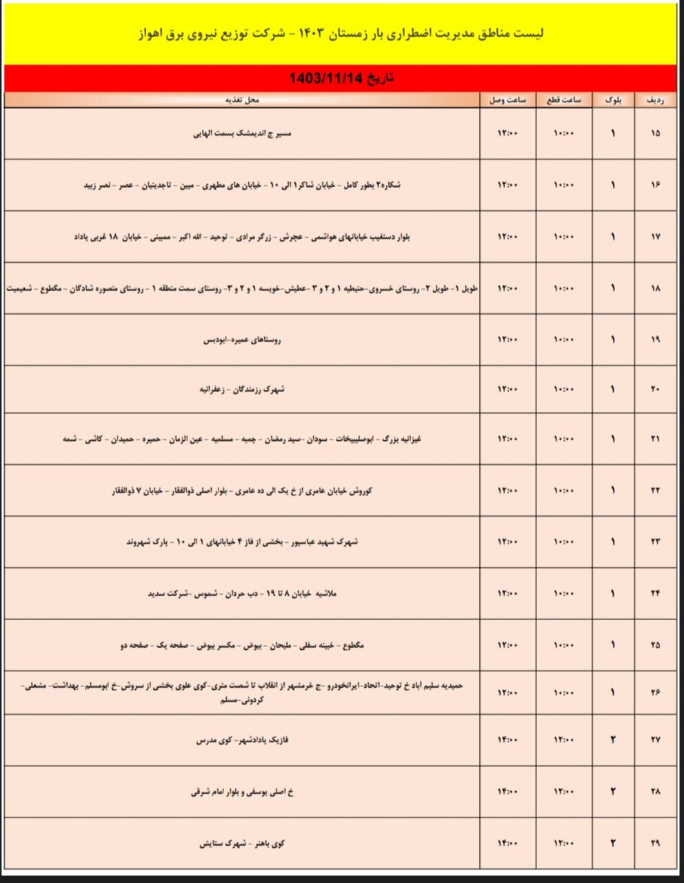 برنامه قطعی برق اهواز یکشنبه چهاردهم بهمن + جدول مناطق