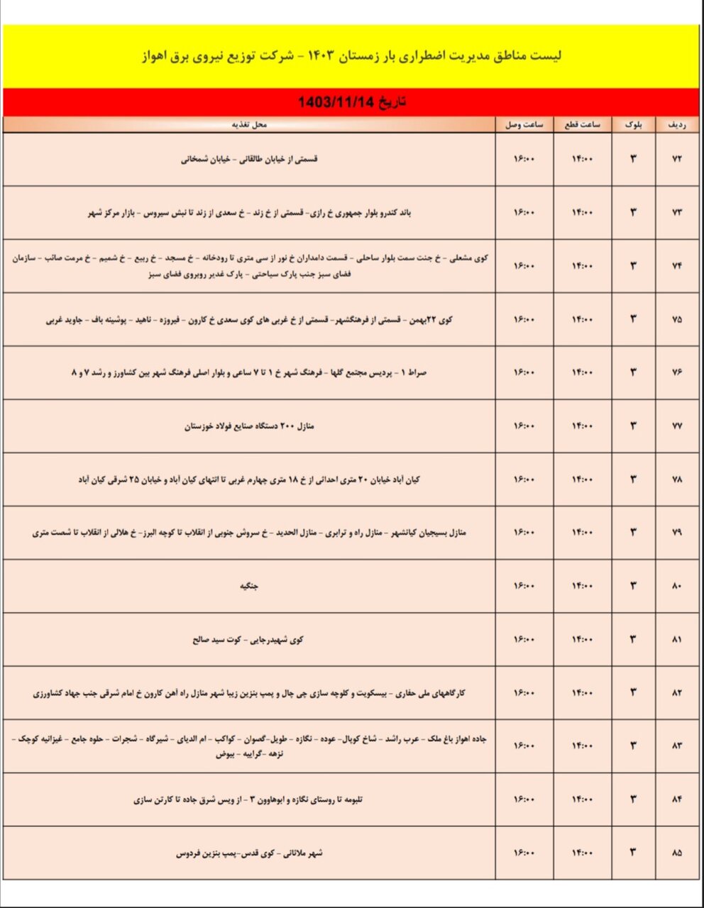 برنامه قطعی برق اهواز یکشنبه چهاردهم بهمن + جدول مناطق