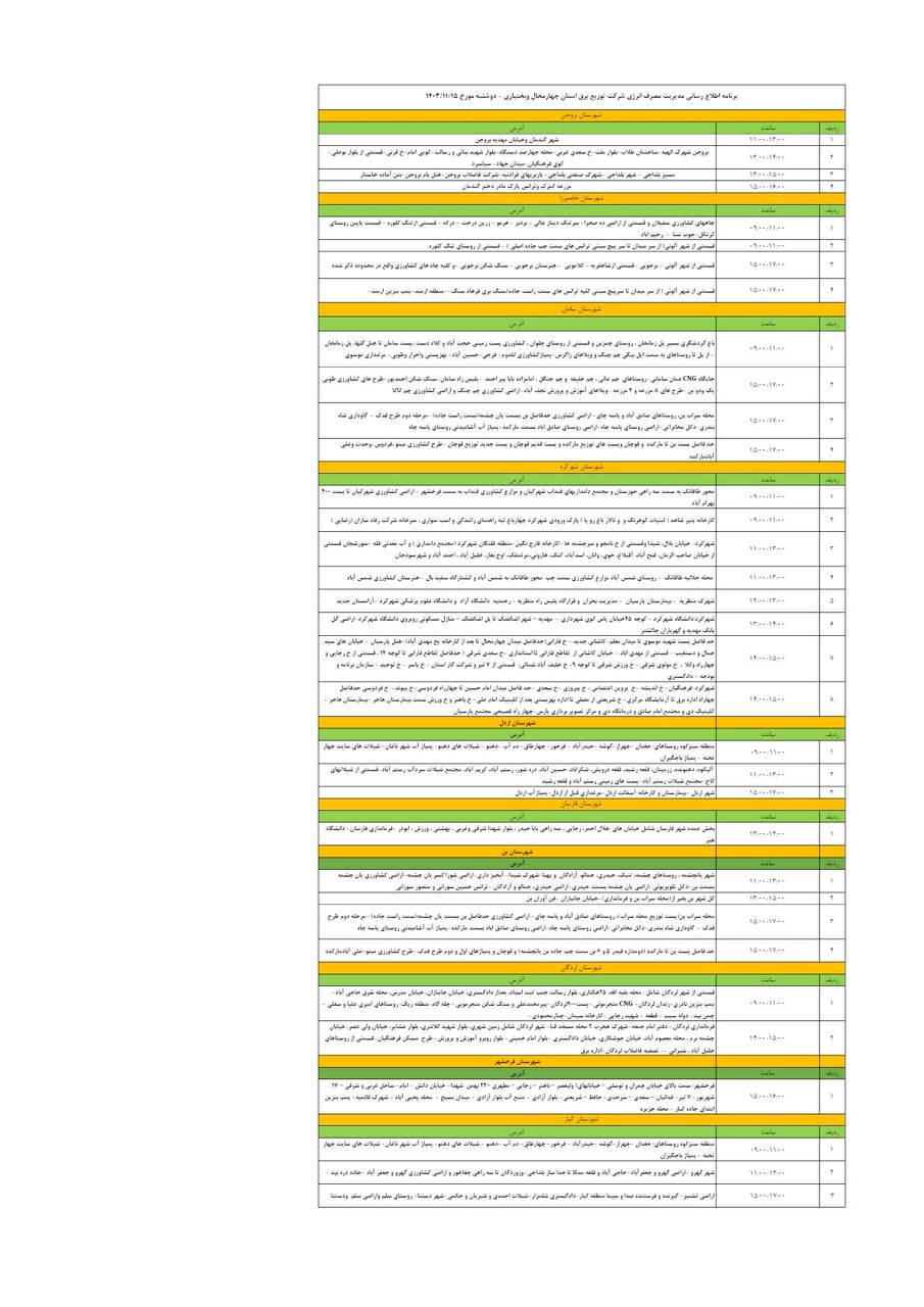 برنامه قطعی برق چهارمحال‌ و بختیاری‌ دوشنبه ۱۵ بهمن + جدول