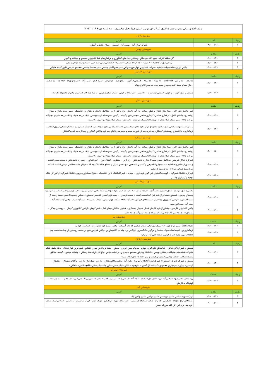 برنامه قطعی برق چهارمحال و بختیاری دوشنبه ۱۶ بهمن + جدول