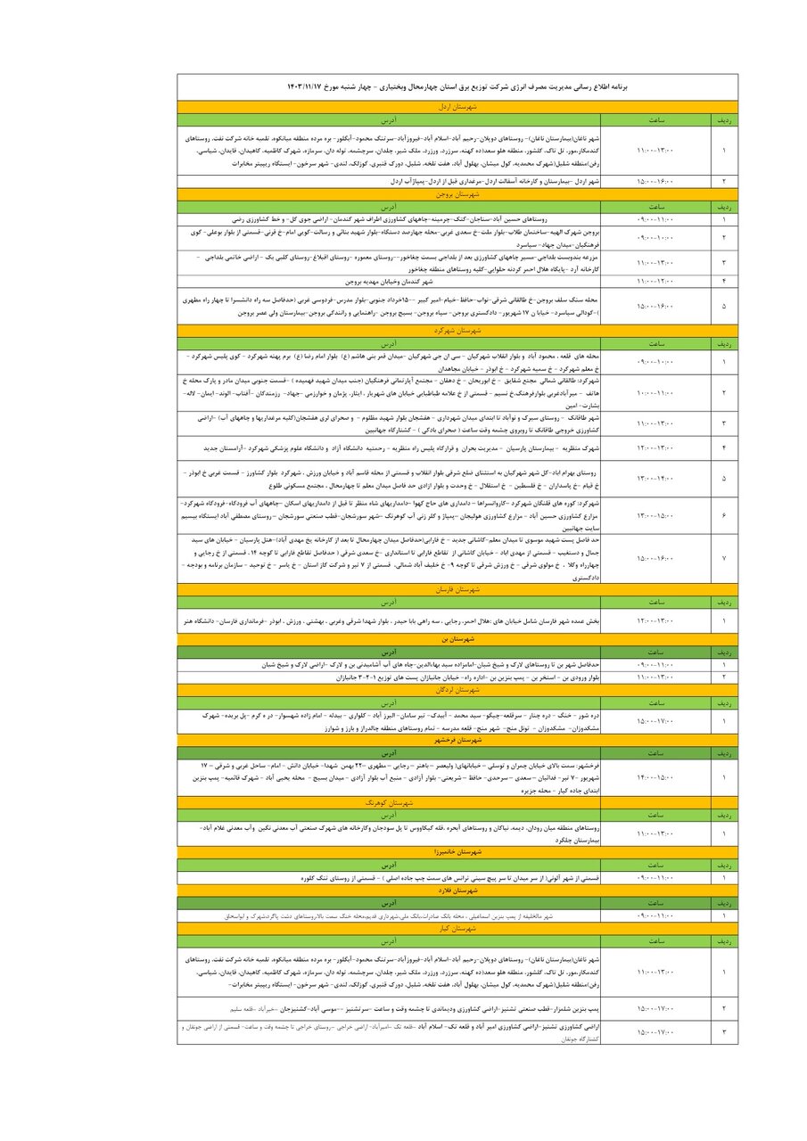 برنامه قطعی برق چهارمحال و بختیاری چهارشنبه ۱۷ بهمن + جدول