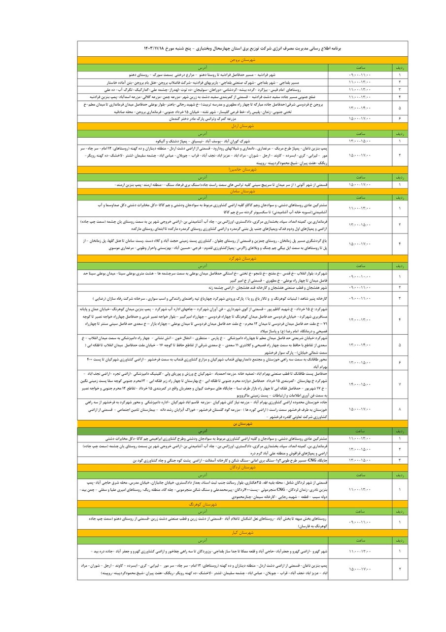 برنامه قطعی برق چهارمحال‌ و بختیاری‌ پنجشنبه ۱۸ بهمن + جدول