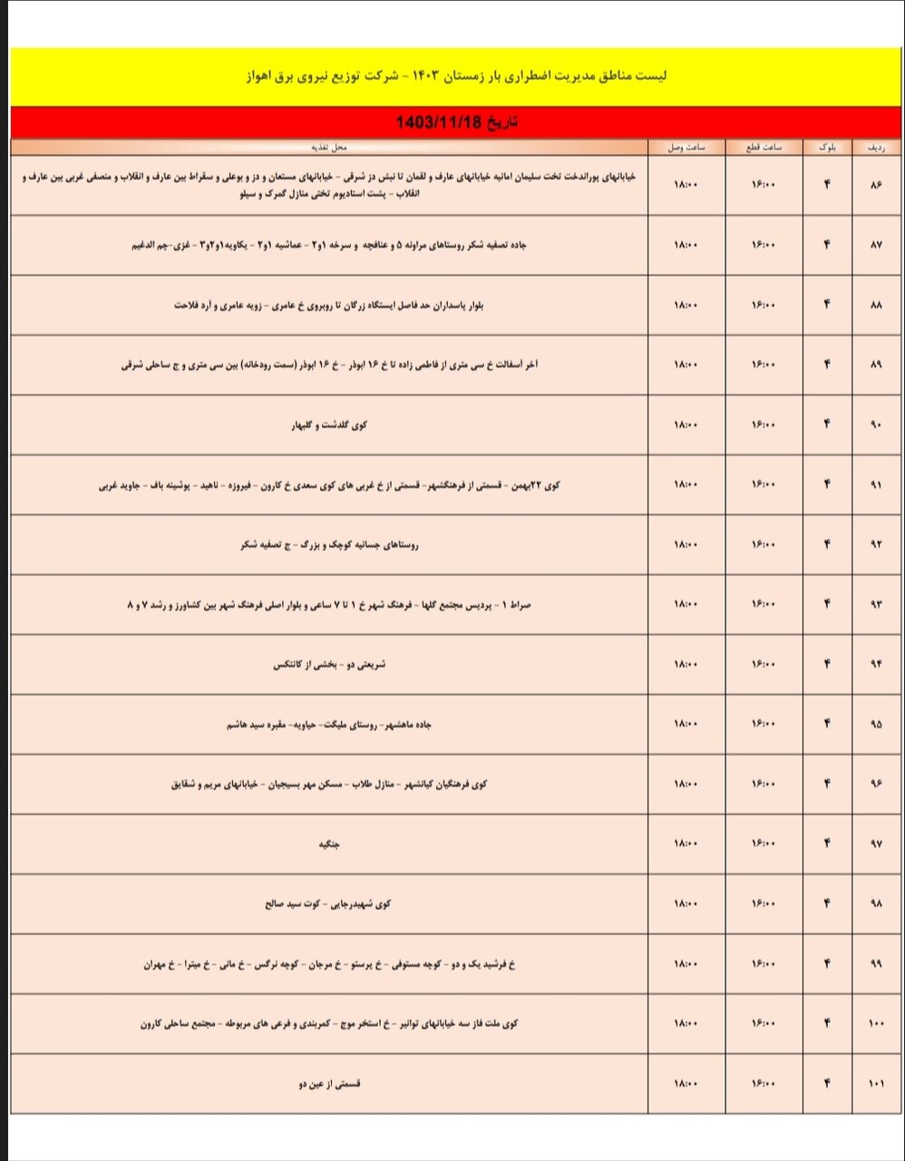 برنامه قطعی برق اهواز پنج‌شنبه ۱۸ بهمن + جدول مناطق