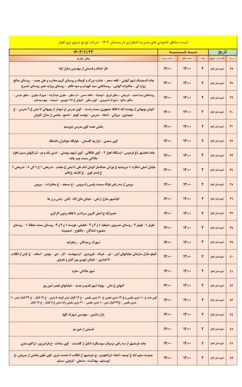 برنامه قطعی برق اهواز سه‌شنبه ۲۳ بهمن + جدول مناطق