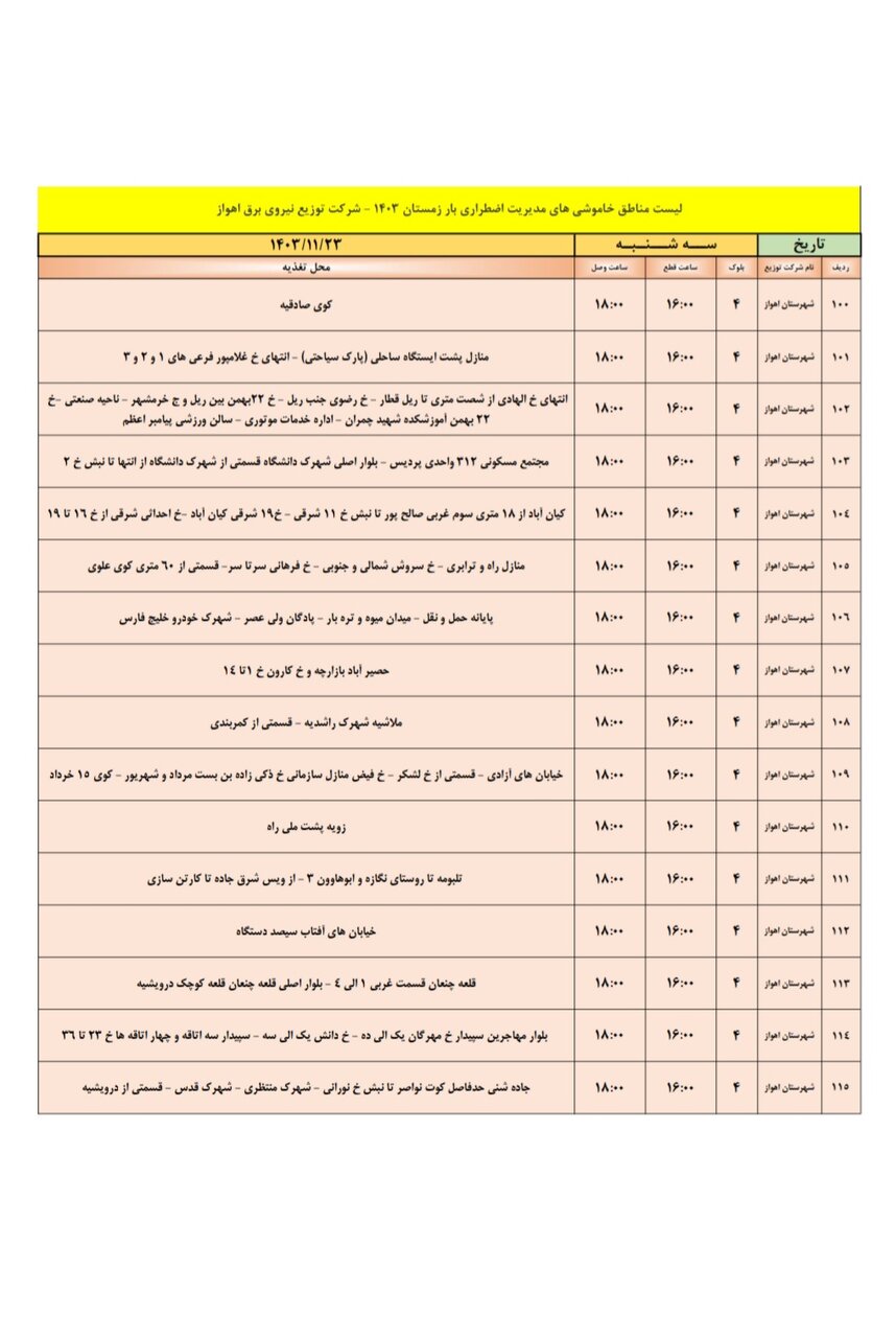 برنامه قطعی برق اهواز سه‌شنبه ۲۳ بهمن + جدول مناطق