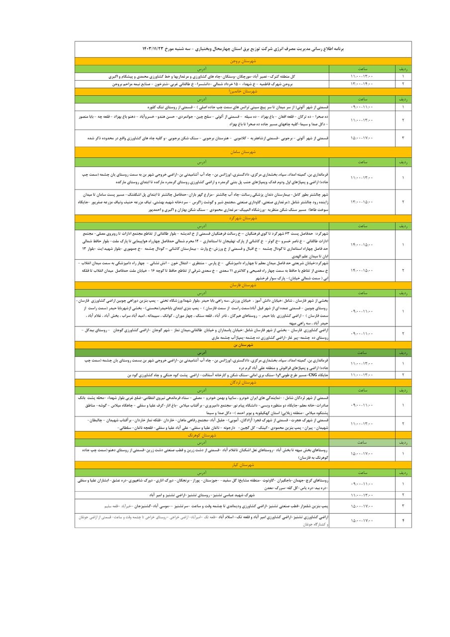 برنامه قطعی برق چهارمحال‌ و بختیاری‌ سه‌شنبه ۲۳ بهمن + جدول