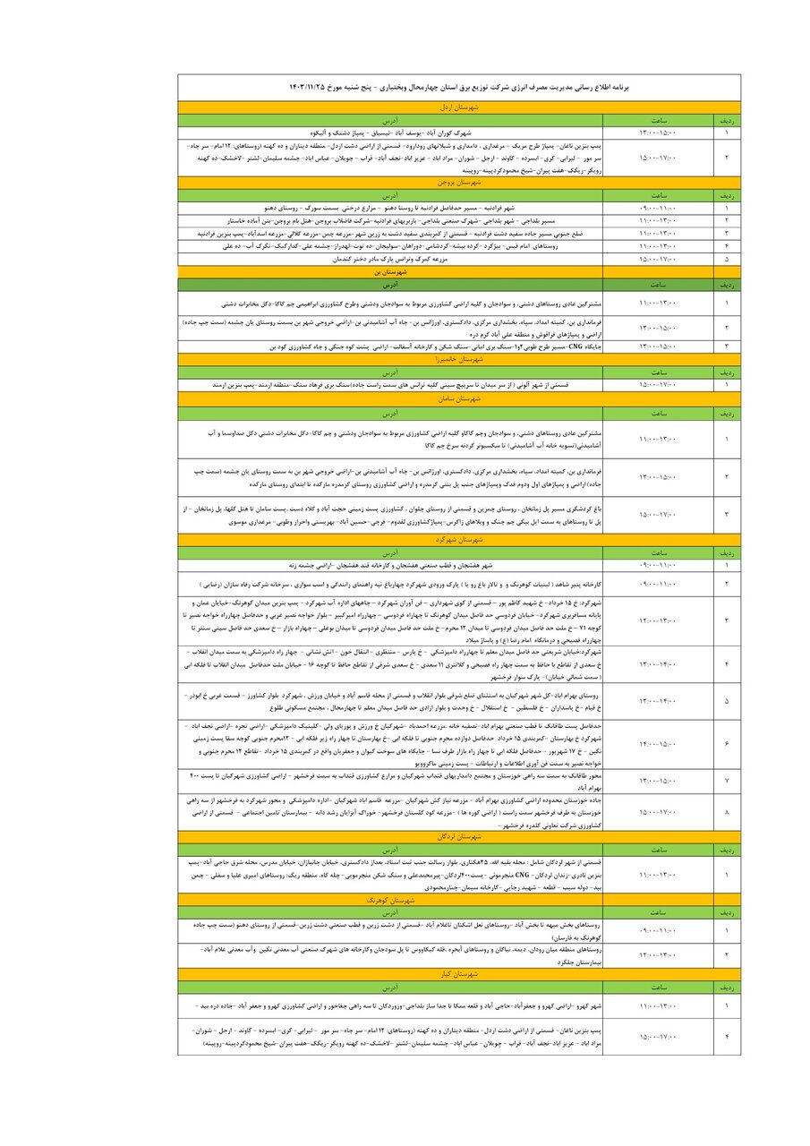 برنامه قطعی برق چهارمحال‌ و بختیاری‌ چهارشنبه ۲۵ بهمن + جدول