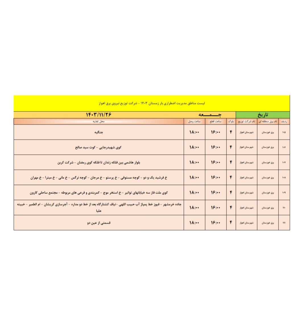 برنامه قطعی برق اهواز جمعه ۲۶ بهمن + جدول مناطق