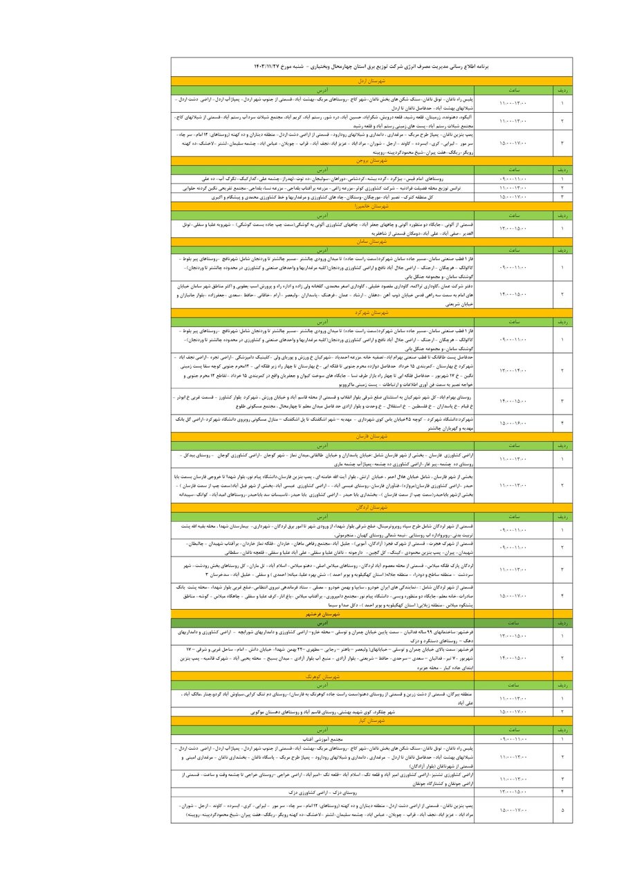 برنامه قطعی برق چهارمحال و بختیاری شنبه ۲۷ بهمن + جدول