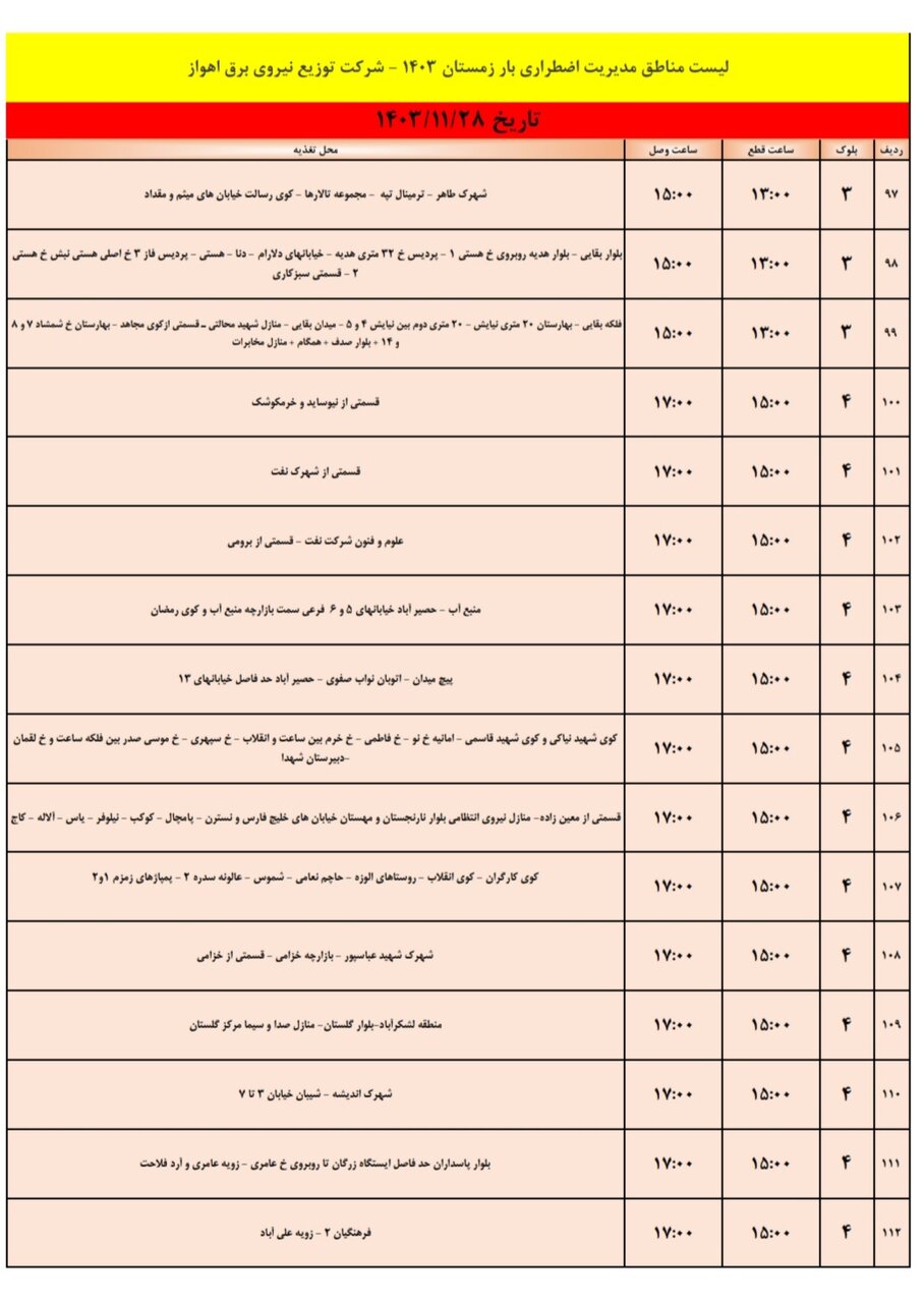 برنامه قطعی برق اهواز یکشنبه ۲۸ بهمن/ ۱۳۷ نقطه اهواز فردا خاموش می‌شود