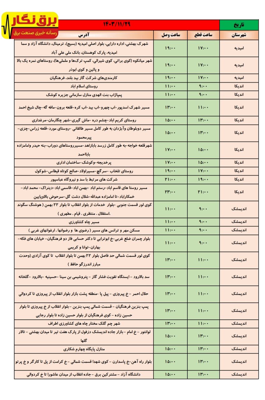 جدول قطعی برق در شهرهای خوزستان اعلام شد