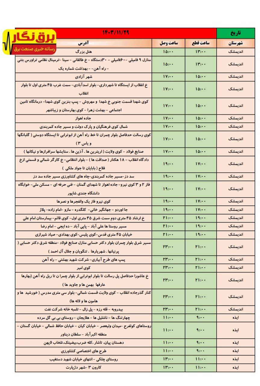جدول قطعی برق در شهرهای خوزستان اعلام شد