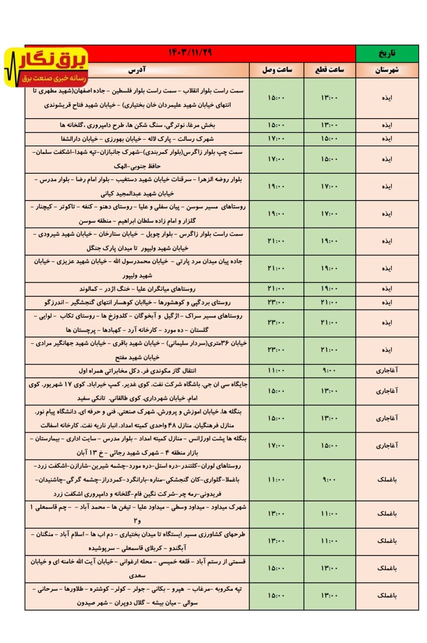 جدول قطعی برق در شهرهای خوزستان اعلام شد