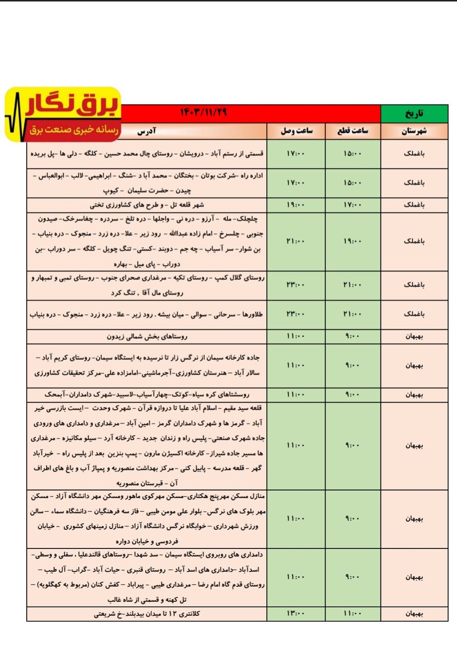 جدول قطعی برق در شهرهای خوزستان اعلام شد