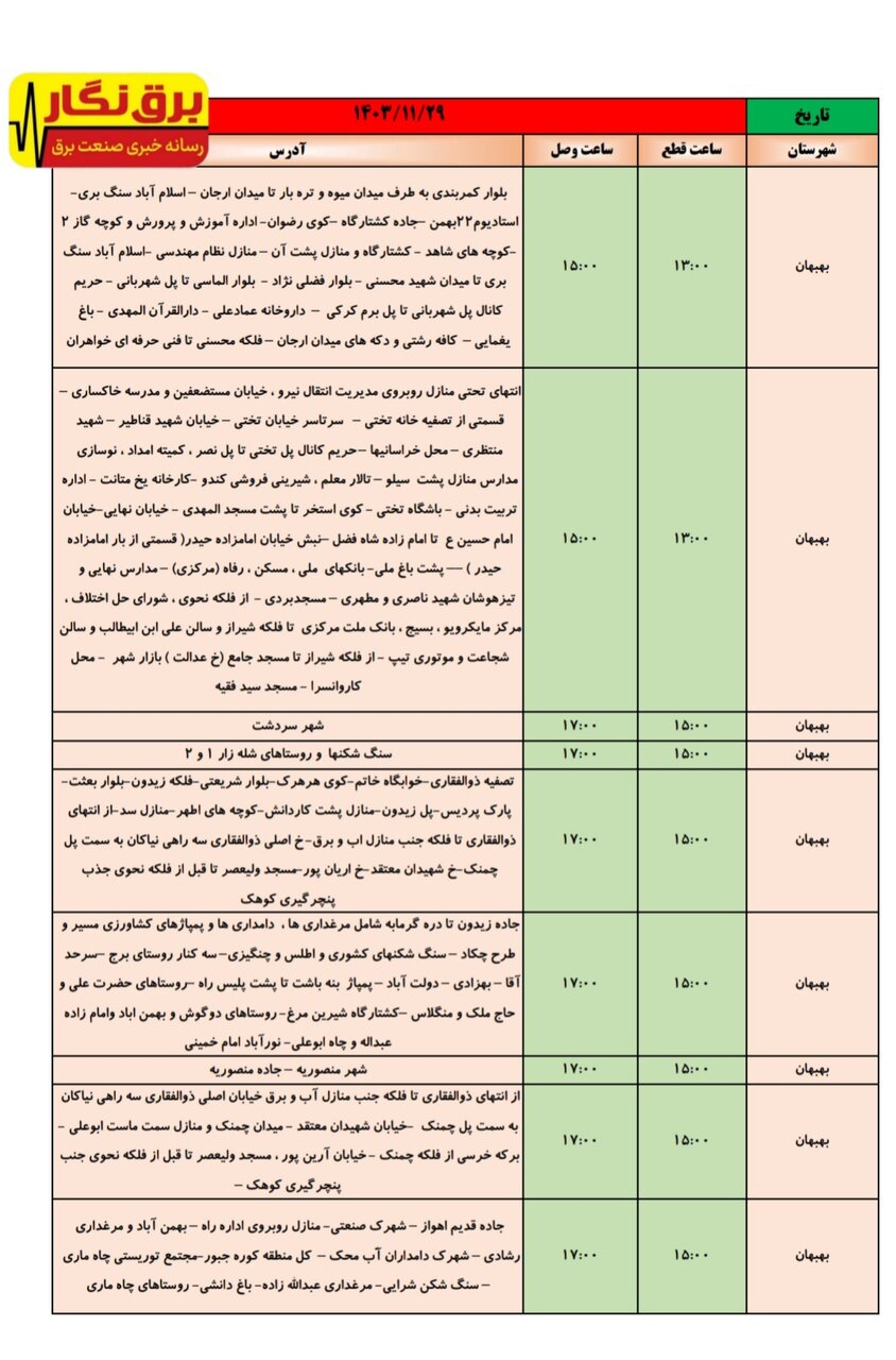 جدول قطعی برق در شهرهای خوزستان اعلام شد