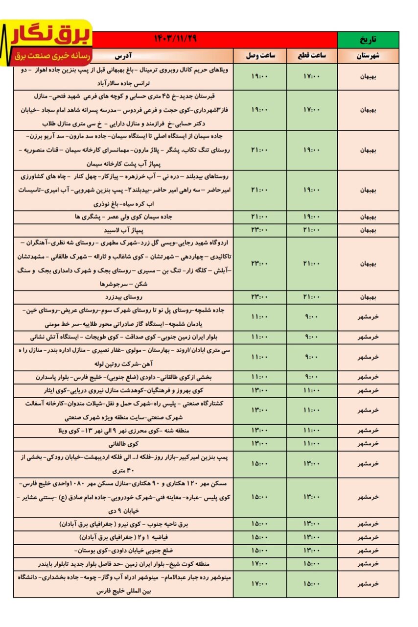 جدول قطعی برق در شهرهای خوزستان اعلام شد