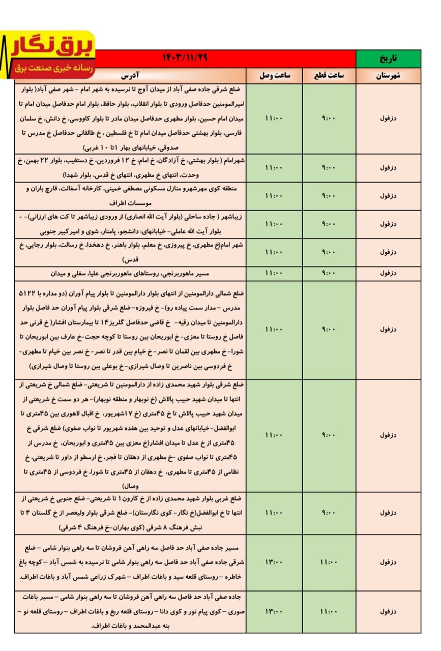 جدول قطعی برق در شهرهای خوزستان اعلام شد