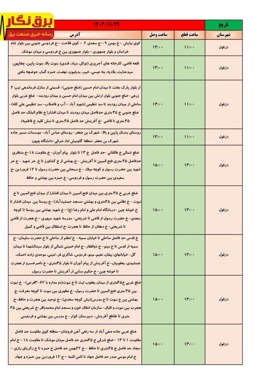 جدول قطعی برق در شهرهای خوزستان اعلام شد