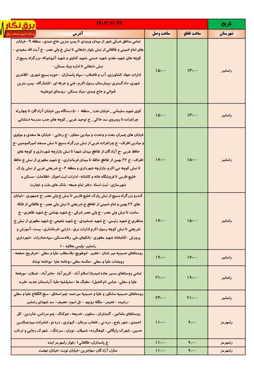 جدول قطعی برق در شهرهای خوزستان اعلام شد