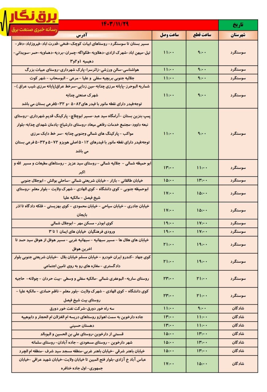 جدول قطعی برق در شهرهای خوزستان اعلام شد