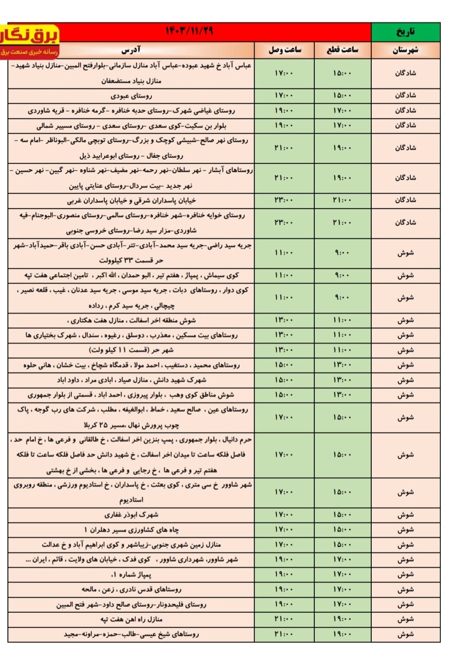 جدول قطعی برق در شهرهای خوزستان اعلام شد