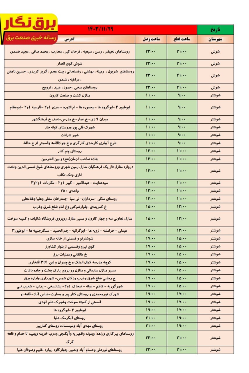 جدول قطعی برق در شهرهای خوزستان اعلام شد