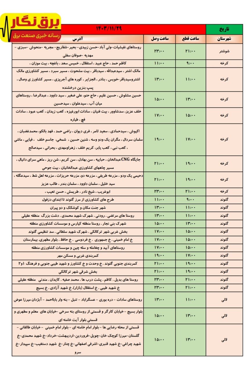 جدول قطعی برق در شهرهای خوزستان اعلام شد