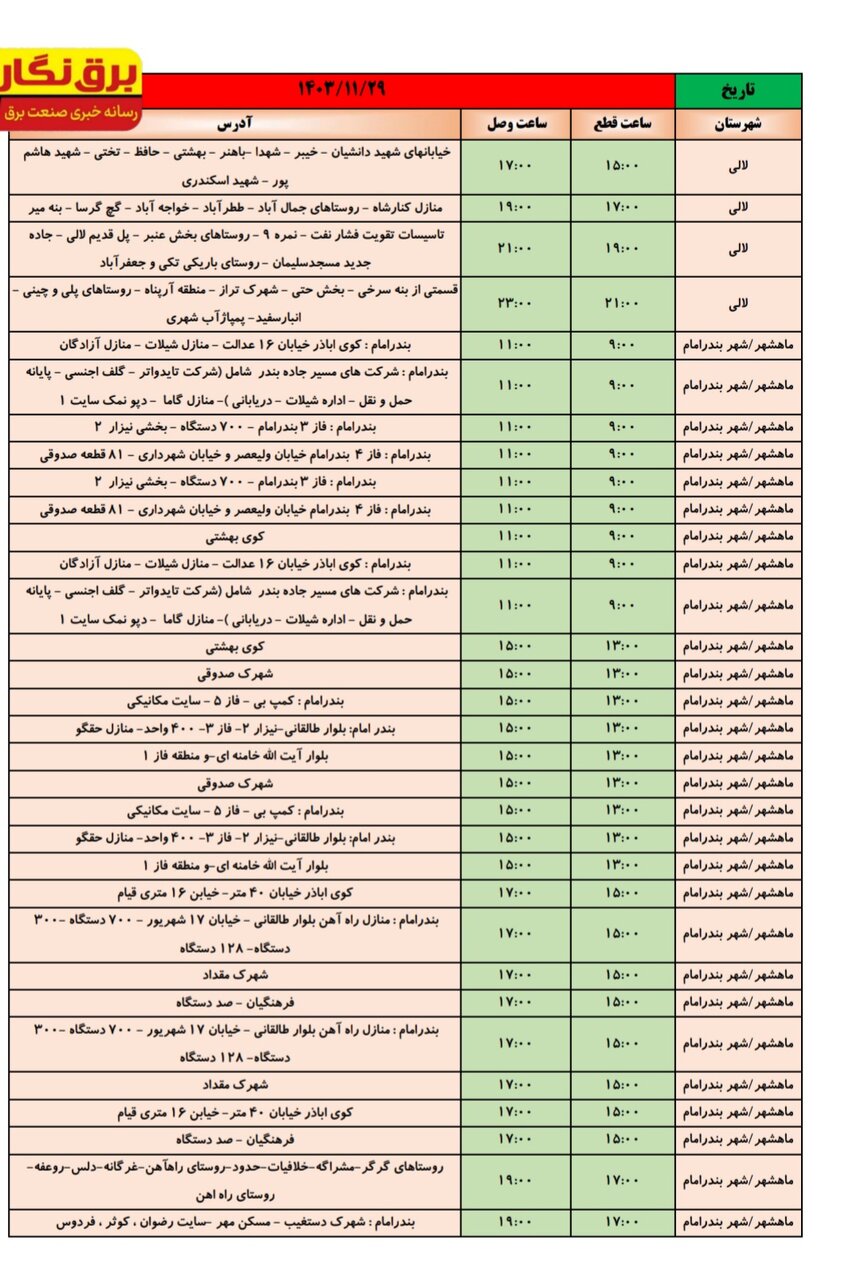جدول قطعی برق در شهرهای خوزستان اعلام شد