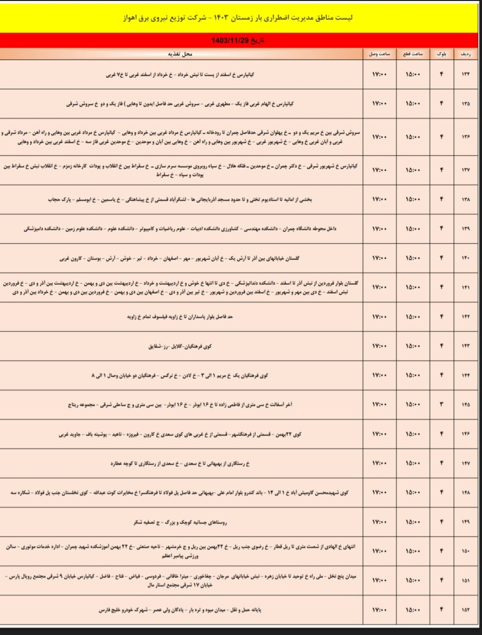 برنامه قطعی برق اهواز دوشنبه ۲۹ بهمن/ ۱۶۶ نقطه اهواز فردا خاموش میشود