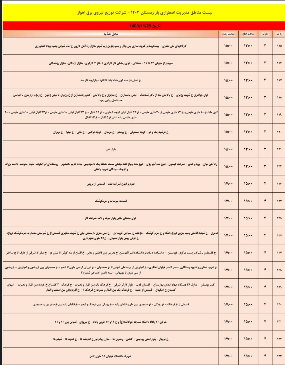 برنامه قطعی برق اهواز دوشنبه ۲۹ بهمن/ ۱۶۶ نقطه اهواز فردا خاموش می‌شود