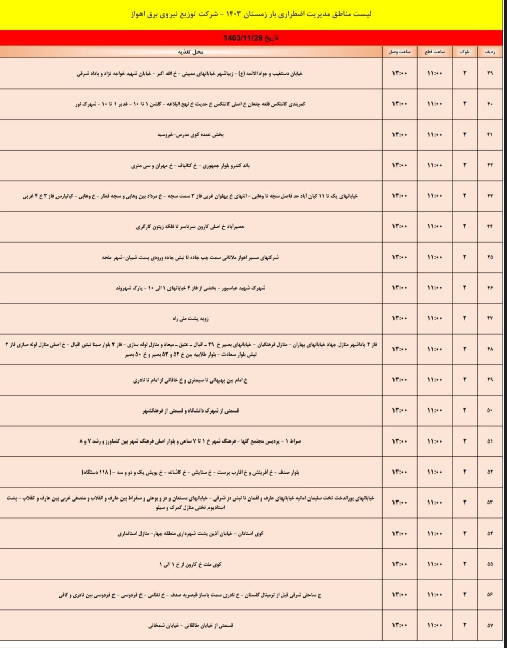 برنامه قطعی برق اهواز دوشنبه ۲۹ بهمن/ ۱۶۶ نقطه اهواز فردا خاموش میشود