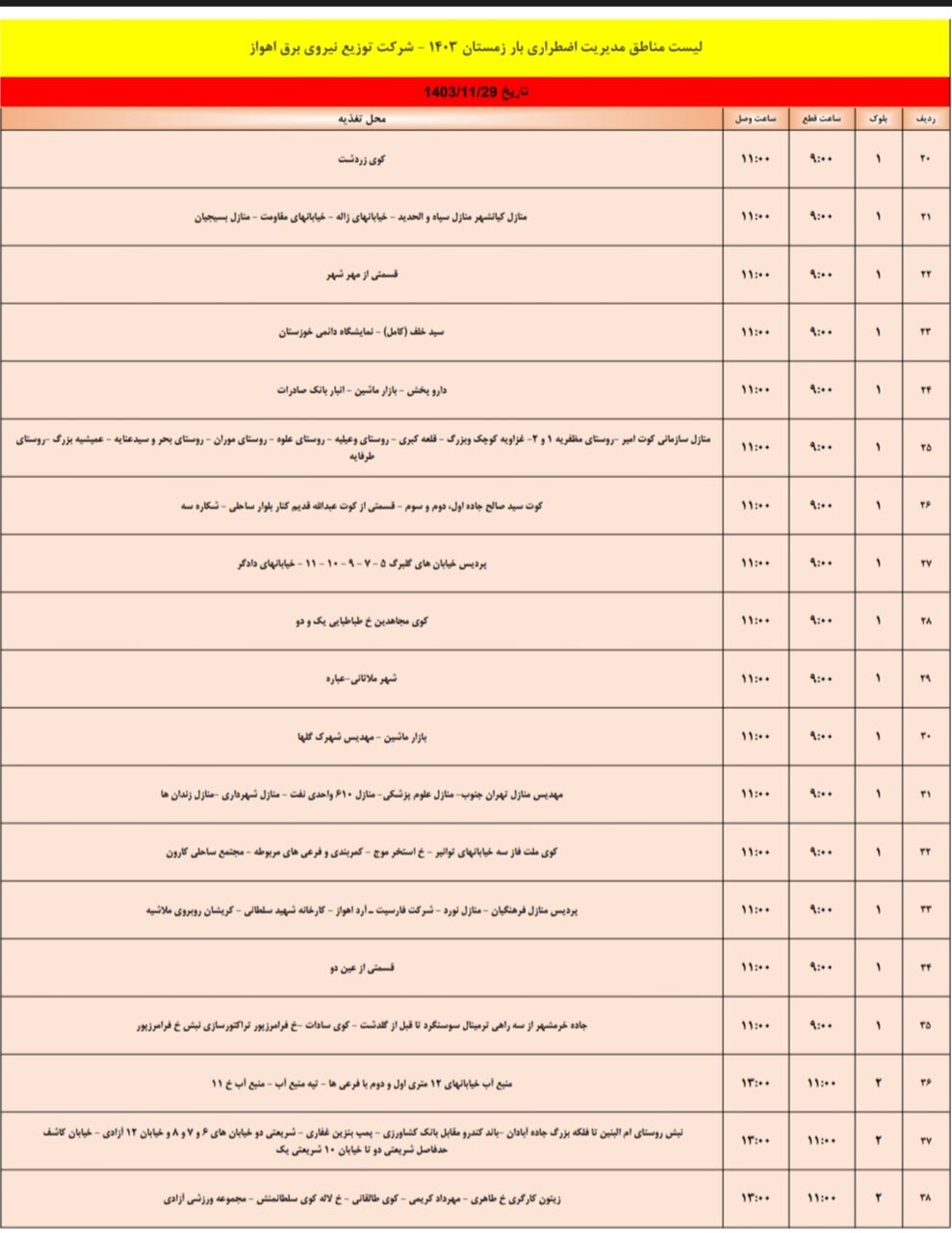 برنامه قطعی برق اهواز دوشنبه ۲۹ بهمن/ ۱۶۶ نقطه اهواز فردا خاموش می‌شود