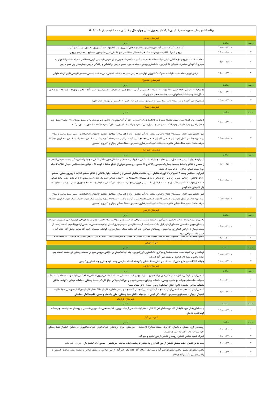 برنامه قطعی برق چهارمحال و بختیاری سه شنبه ۳۰ بهمن + جدول