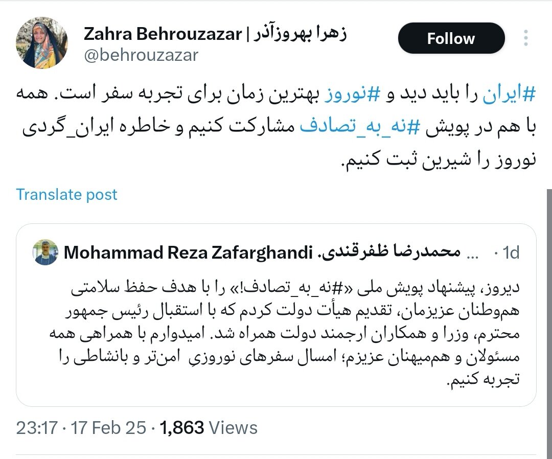 دعوت معاون رئیسجمهور برای پیوستن به پویش «نه به تصادف»