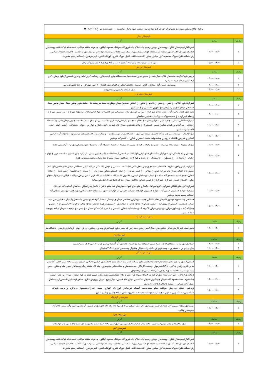برنامه قطعی برق چهارمحال‌ و بختیاری‌ چهارشنبه یک اسفند + جدول