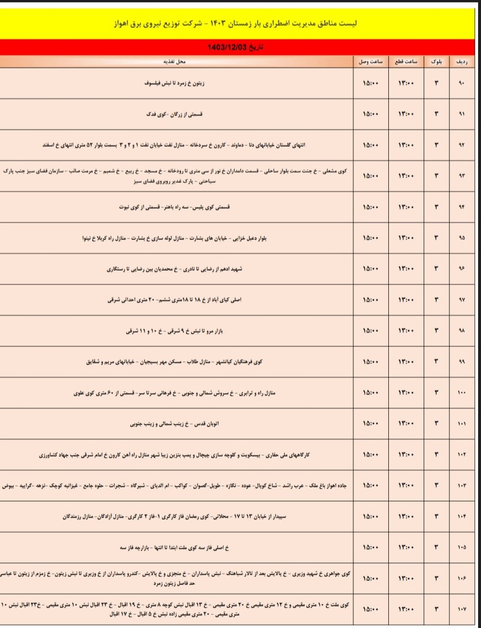 برنامه قطعی برق اهواز جمعه ۳ اسفند/ ۱۶۳ نقطه اهواز فردا خاموش می‌شود