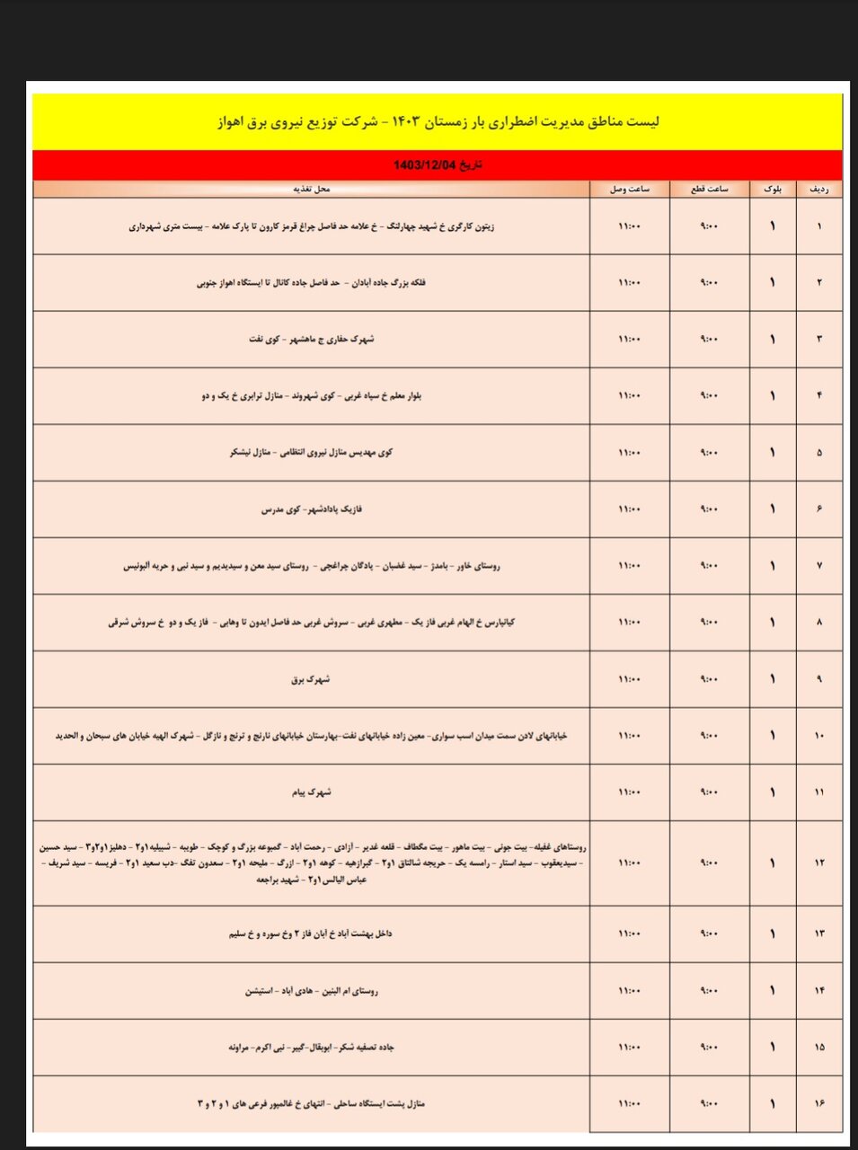 برنامه قطعی برق اهواز شنبه ۴ اسفند/ ۱۳۵ نقطه اهواز فردا خاموش میشود