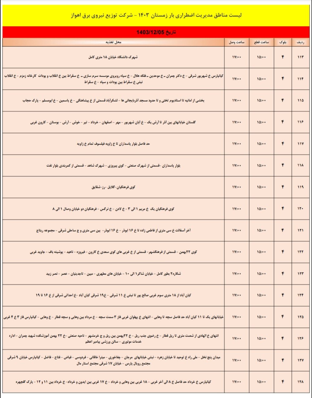 برنامه قطعی برق اهواز یکشنبه ۵ اسفند/ ۱۵۷ نقطه اهواز فردا خاموش می‌شود