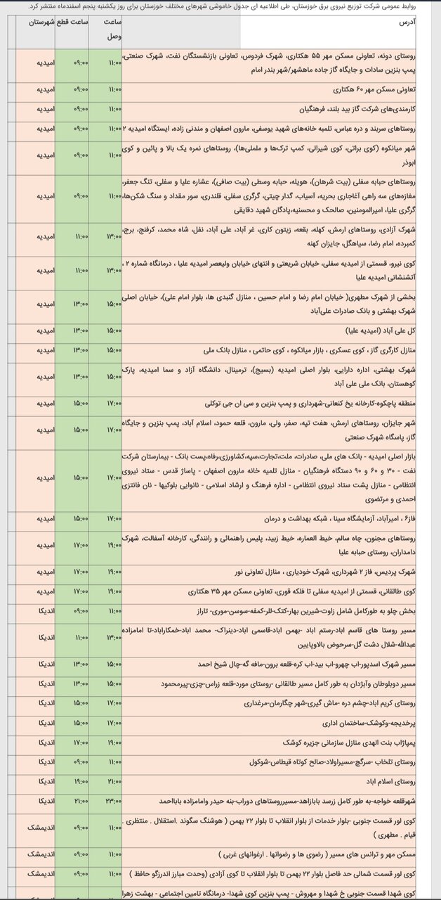 برنامه قطعی برق شهرهای خوزستان دوشنبه ۶ اسفند