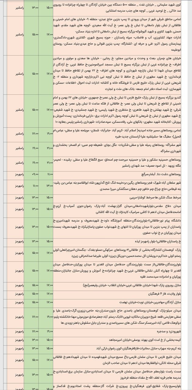 برنامه قطعی برق شهرهای خوزستان دوشنبه ۶ اسفند