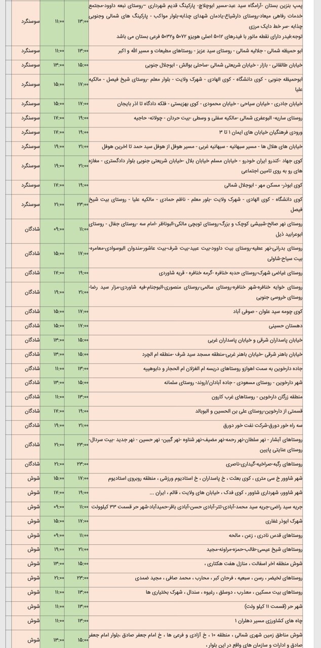 برنامه قطعی برق شهرهای خوزستان دوشنبه ۶ اسفند
