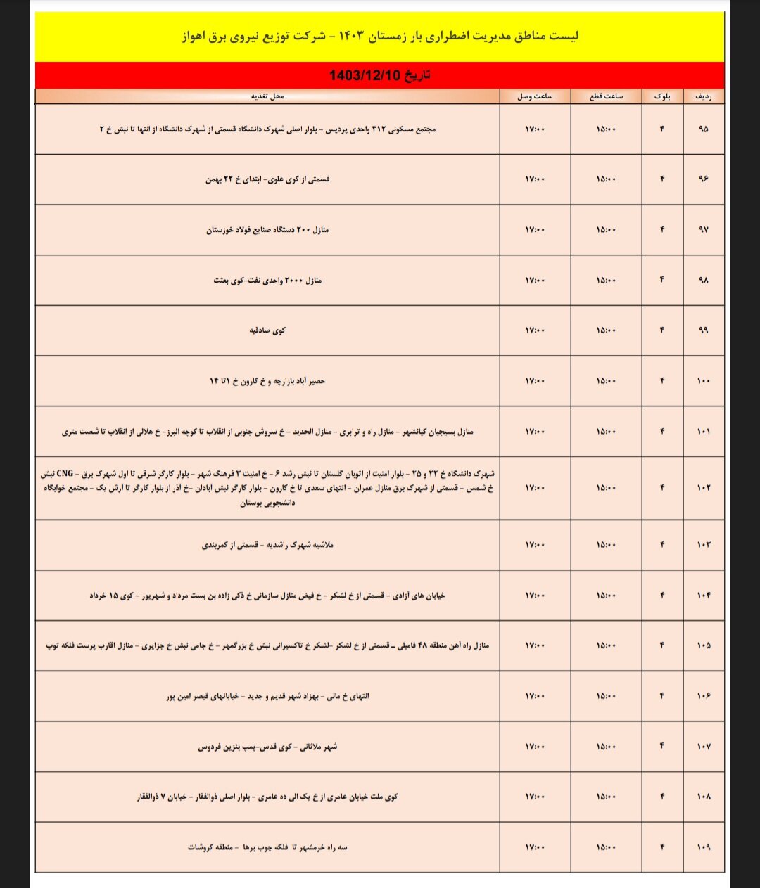 برنامه قطعی برق اهواز جمعه ۱۰ اسفند/ ۱۳۱ نقطه اهواز فردا خاموش میشود